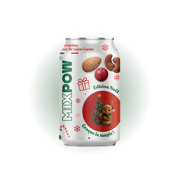Canette Mixpow Merry Mix édition Noël — amandes cranberries cajou cacao snack festif France