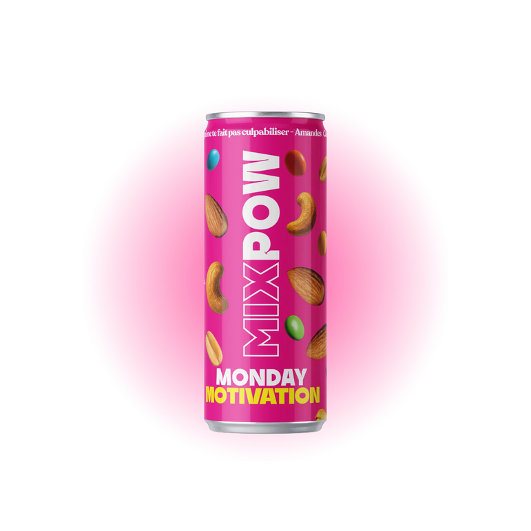 Canette Mixpow Monday Motivation — mélange fruits secs amandes cajou raisins Smarties snack énergie