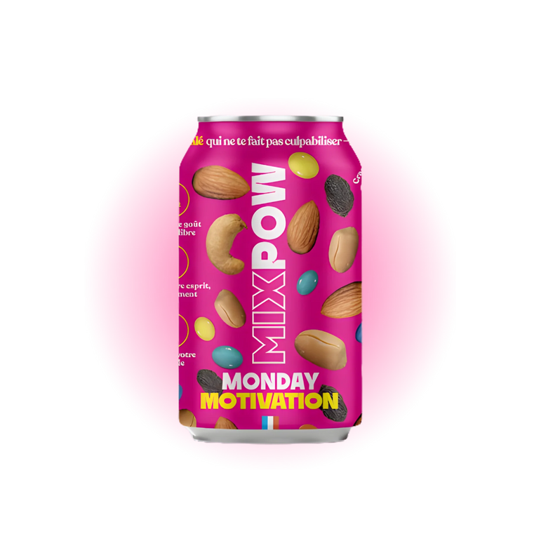 Canette Mixpow Monday Motivation — mélange fruits secs amandes cajou raisins snack énergie France