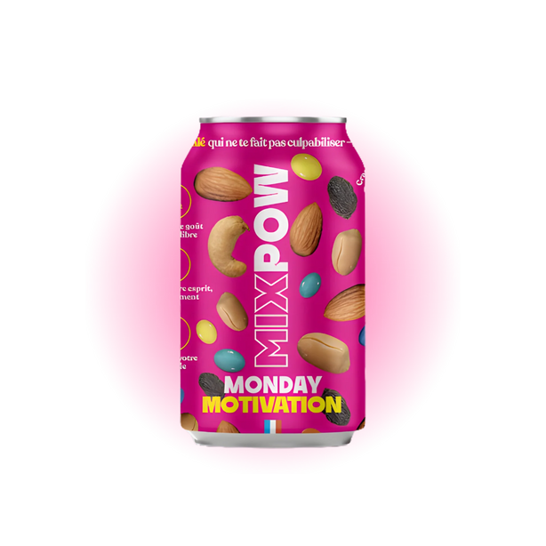 Canette Mixpow Monday Motivation — mélange fruits secs amandes cajou raisins snack énergie France