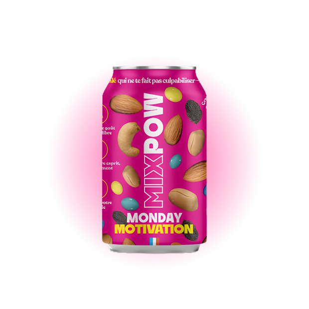 Canette Mixpow Monday Motivation — mélange fruits secs amandes cajou raisins snack énergie France
