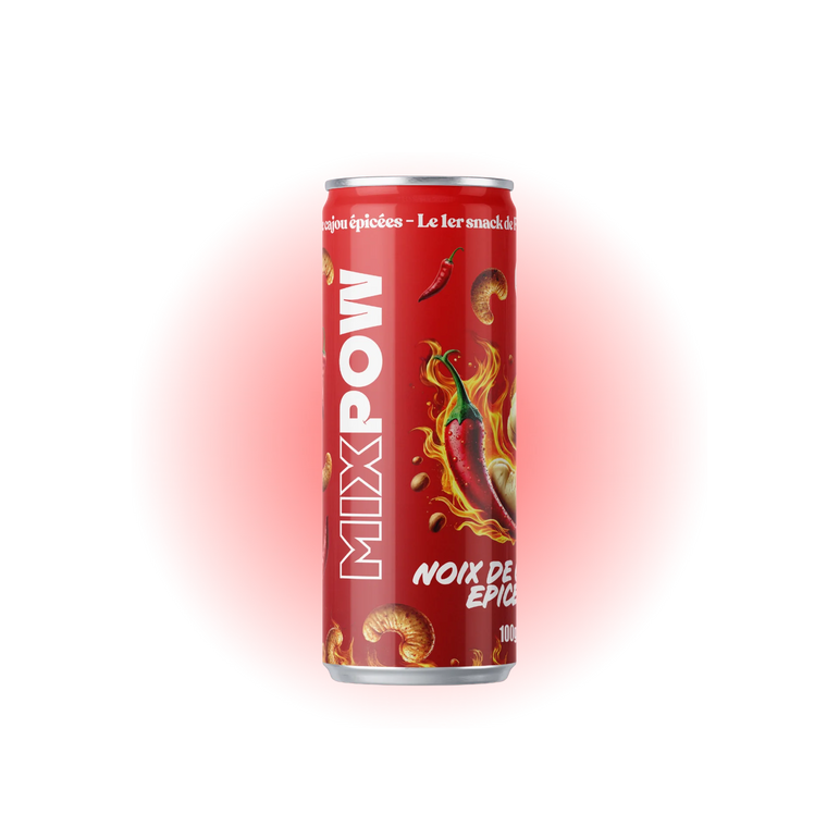 Canette Mixpow noix de cajou épicées — snack pimenté fruits secs grillés canette France