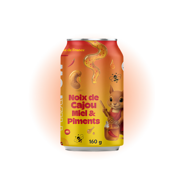 Canette Mixpow noix de cajou miel piments — snack sucré épicé fruits secs canette France mascotte