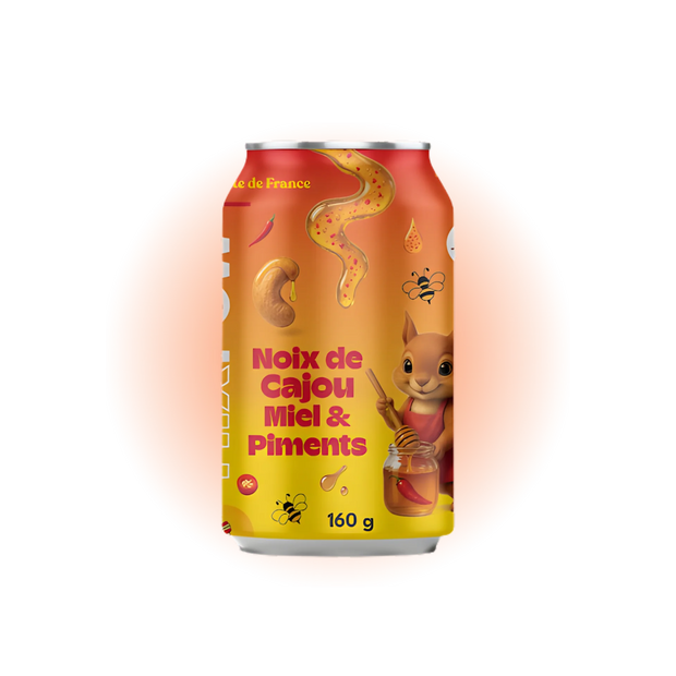 Canette Mixpow noix de cajou miel piments — snack sucré épicé fruits secs canette France mascotte