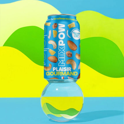Canette Mixpow Plaisir Gourmand fond vague coloré — snack fruits secs amandes cajou ananas coco