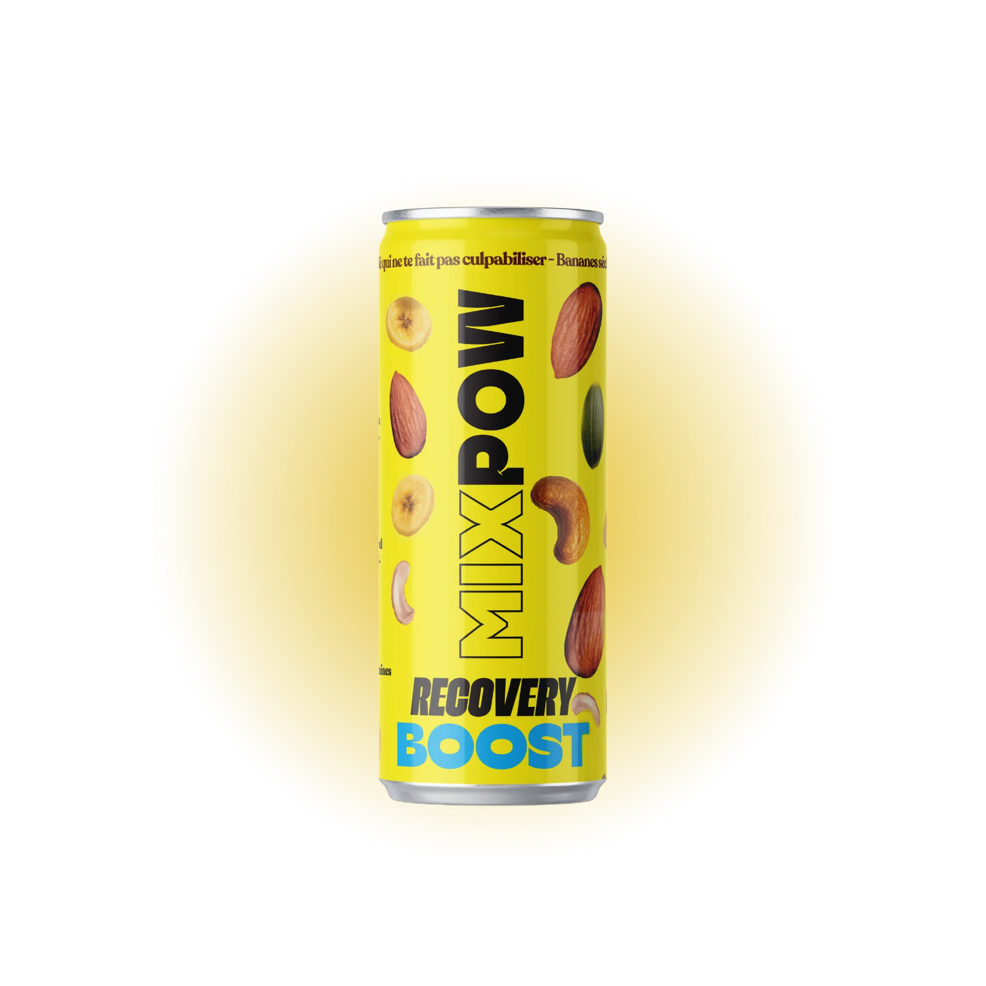Canette Mixpow Recovery Boost — mélange fruits secs amandes cajou banane graines de courge récupération sport