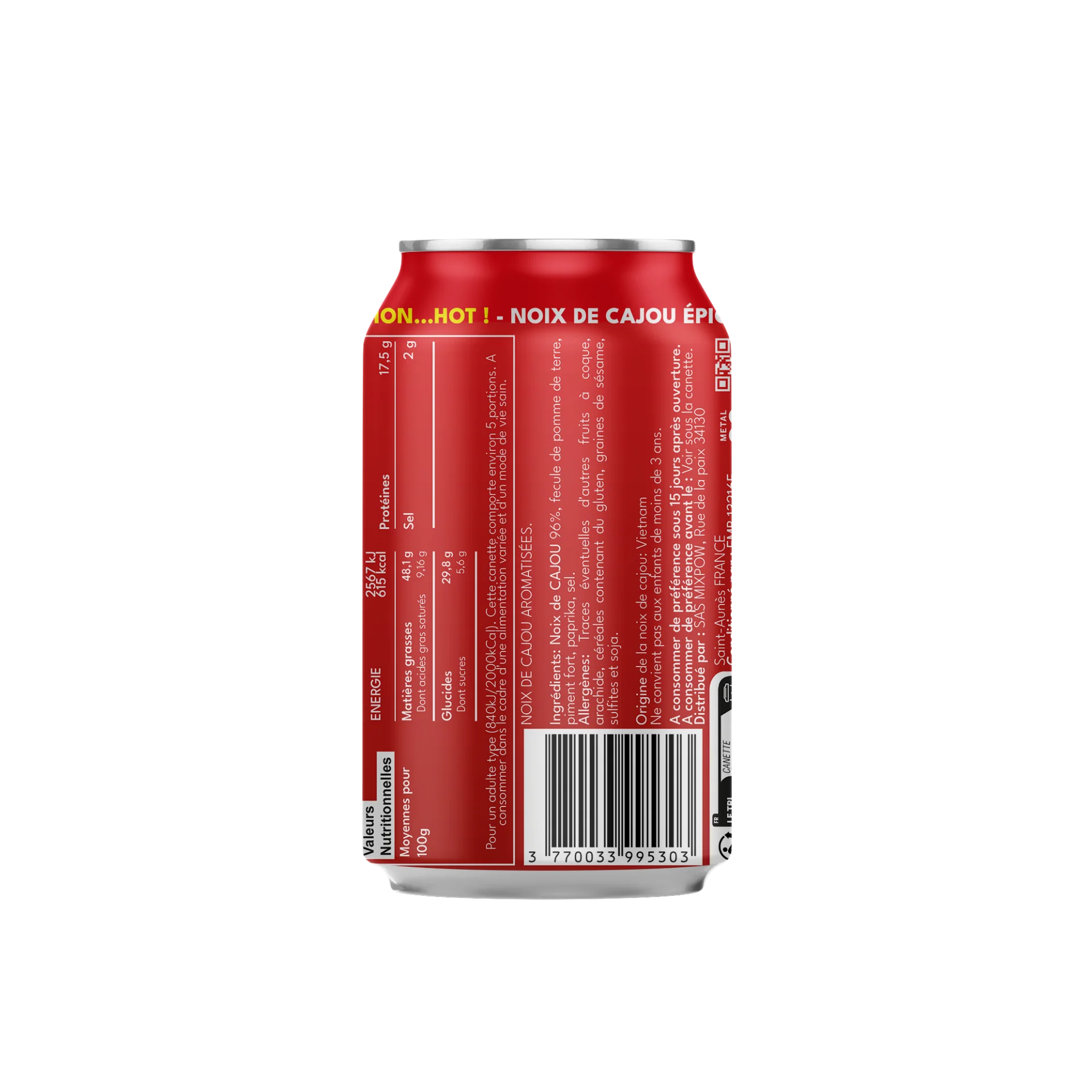 Valeurs nutritionnelles noix de cajou épicées Mixpow — ingrédients canette rouge