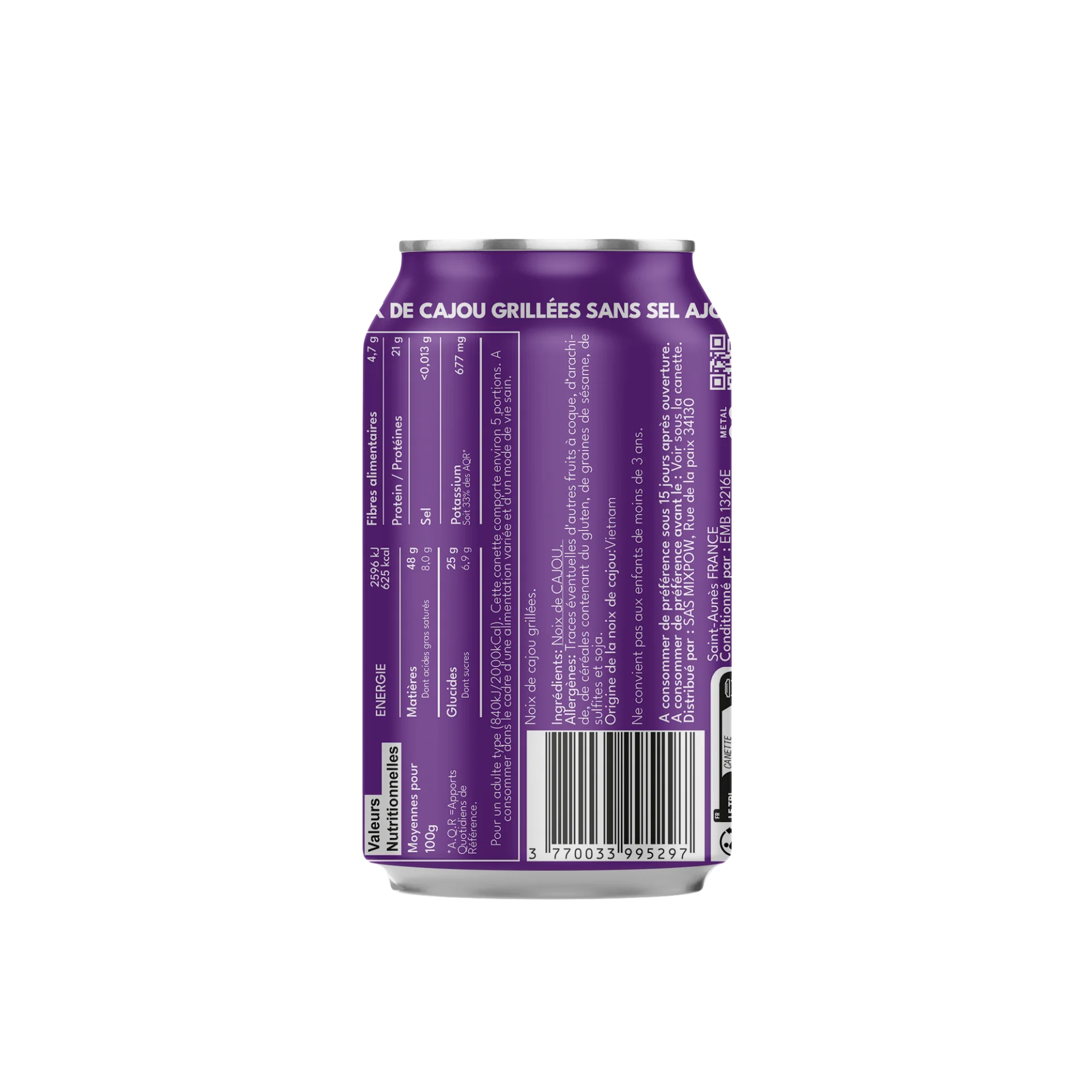 Valeurs nutritionnelles noix de cajou grillées sans sel Mixpow — ingrédients canette violette