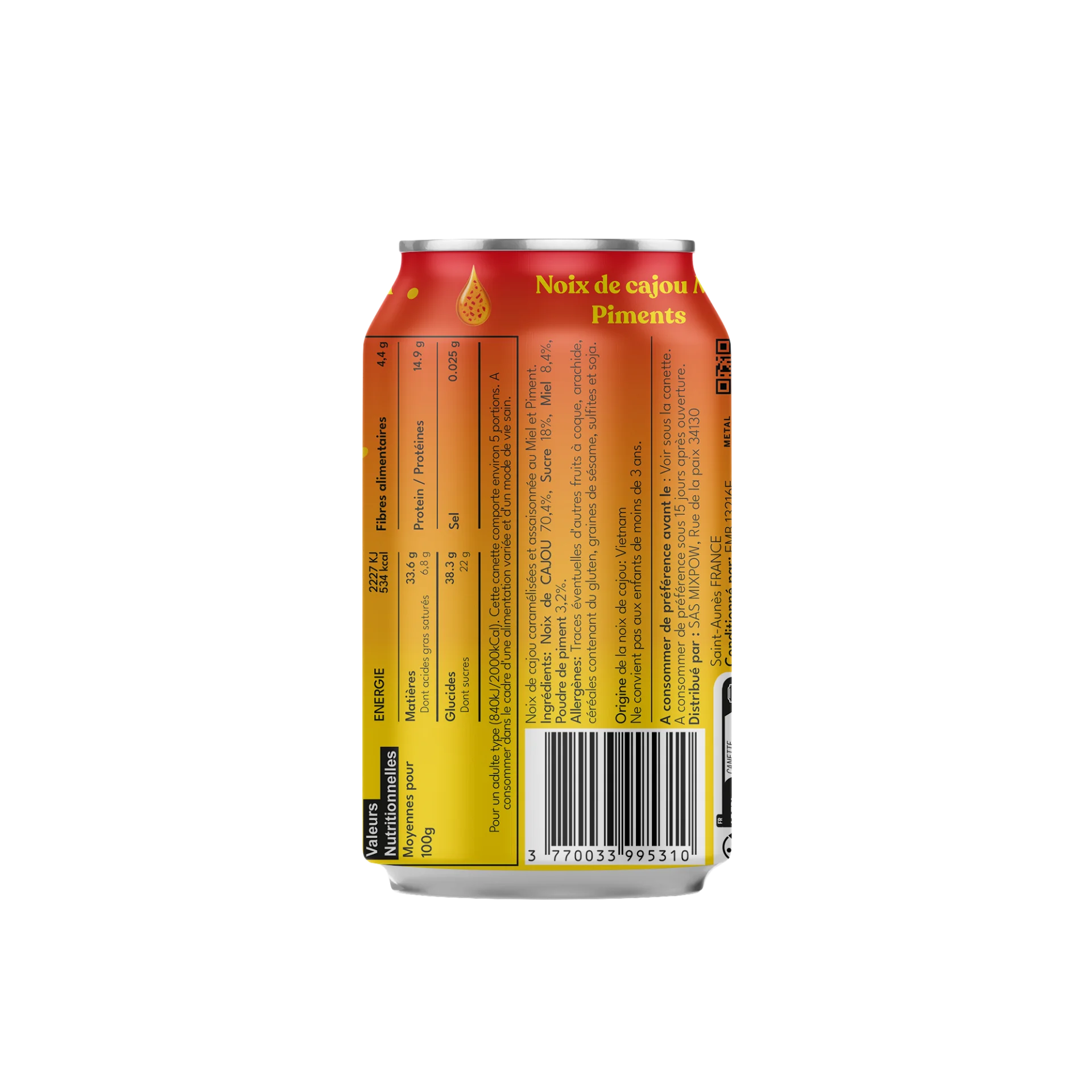 Valeurs nutritionnelles noix de cajou miel piments Mixpow — ingrédients canette orange