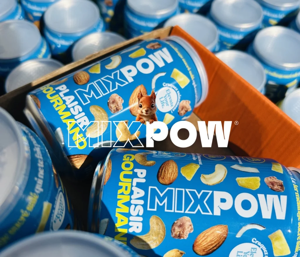 Canettes Mixpow Plaisir Gourmand, encas sain et équilibré à base de fruits secs et oléagineux, idéal pour une collation pratique et nutritive.