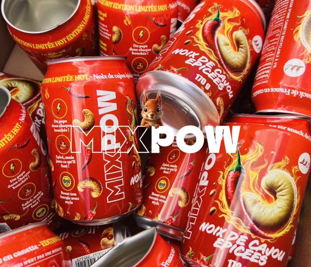 Canettes Mixpow Noix de Cajou Épicées, collation équilibrée et savoureuse, riche en protéines et bons lipides, idéale pour un snack énergisant et pratique.